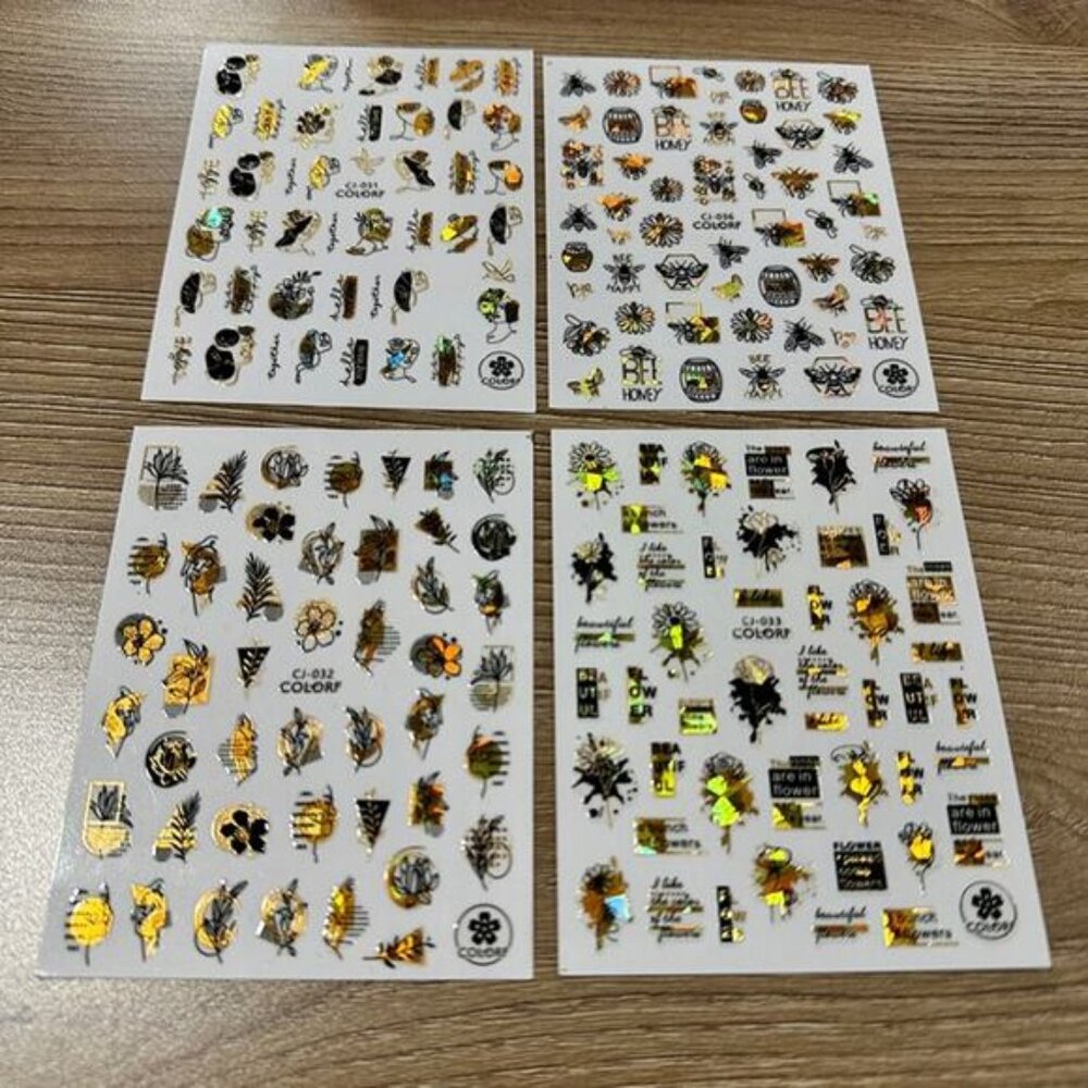 3D Nail Art Stickers! Holographic Gold Black Flowers, Love, Bee, Honey Designs